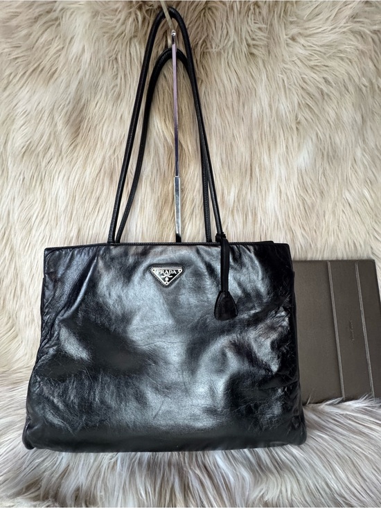 Prada Handbags - Prada Black Leather Tote with Triangle Logo